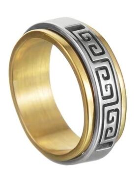 Stainless Steel Greek Key Spinner Ring - Gold Silver Two Tone Band